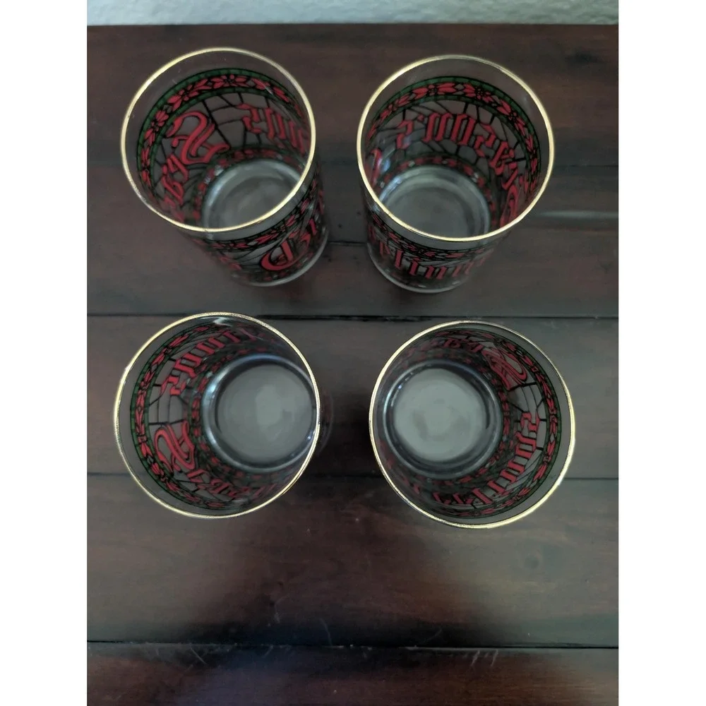 Vtg Houze Glass Stained Christmas Seasons Greetings Lowball Glasses Set of 4